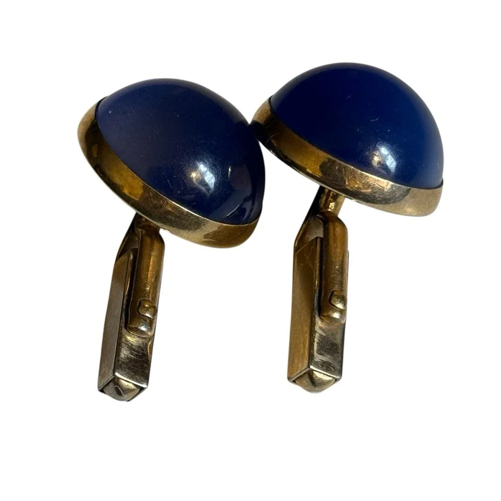 Swank Cufflinks‎ Blue Moonglow Lucite Round Gold Tone Domed Vintage MCM Formal